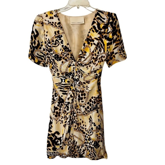 Rebecca Minkoff Silk Knotted V Neck Short Sleeve Mini Dress 2 Animal Novelty - Picture 3 of 14